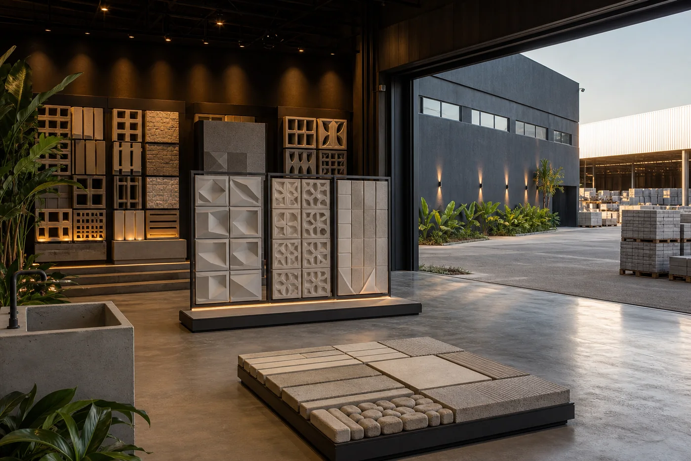 Showroom e área de produção com diversos artefatos de concreto
